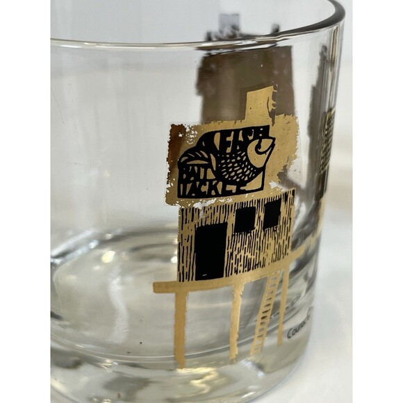 1960's Art Deco 22K Gold Fish Wharf Whiskey Glass San Fran Barware Arcoroc Set-2 - Picture 7 of 11